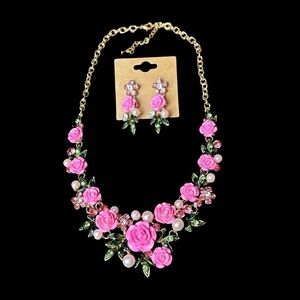 Pink Flower Rose Cluster Necklace Earring Set w/ Faux Pearl & Rhinestone Accents